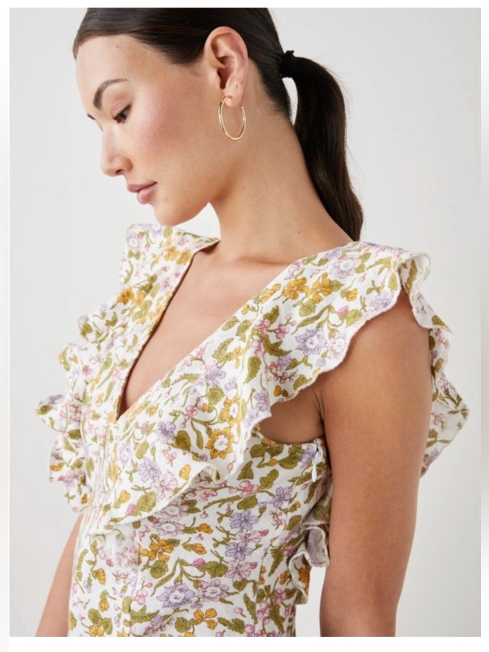 Rails Floral Ruffle V-Neck Dress - White with Pink & Olive
